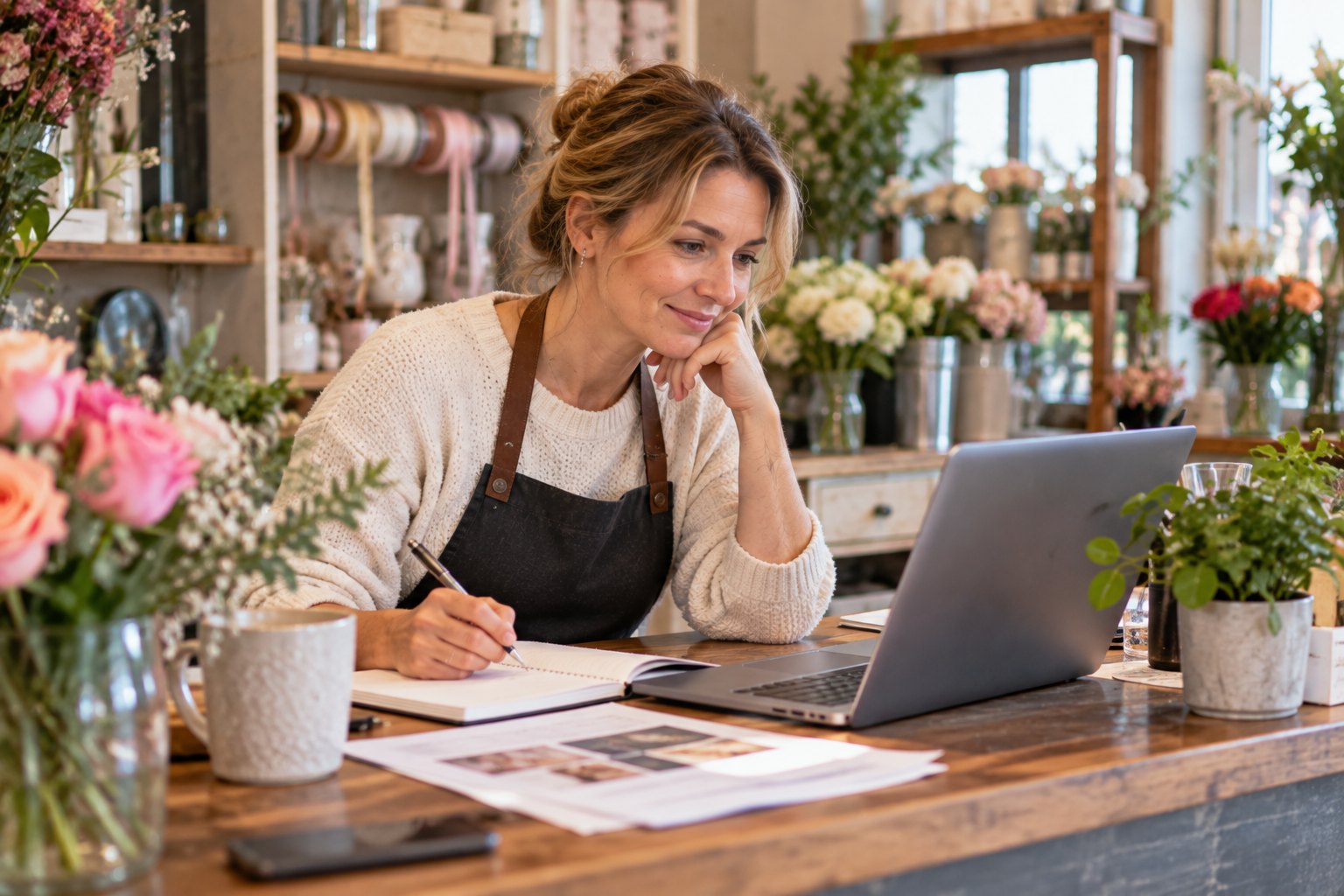A small-business owner applies her workshop notes on a laptop in her shop.