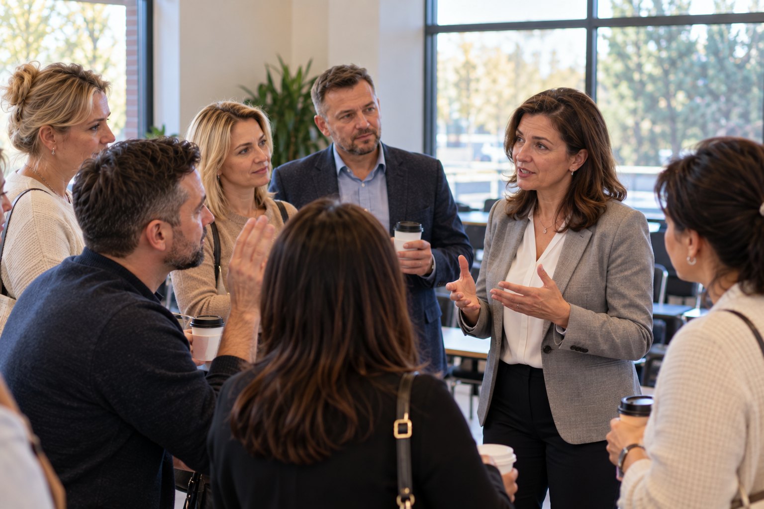 A guest speaker answers questions from local business owners after a presentation.