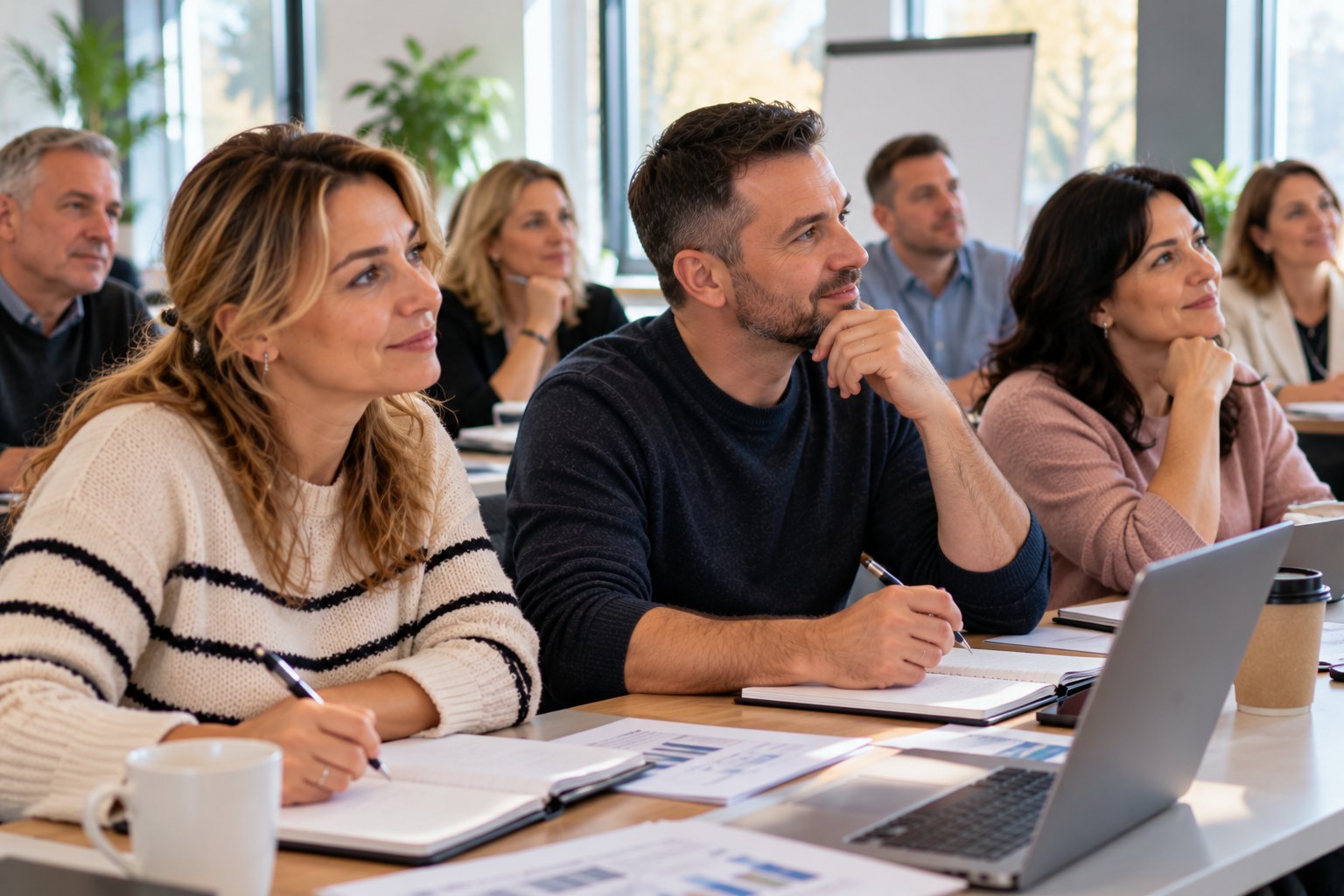 Entrepreneurs take notes during a small-business workshop in a bright meeting room.