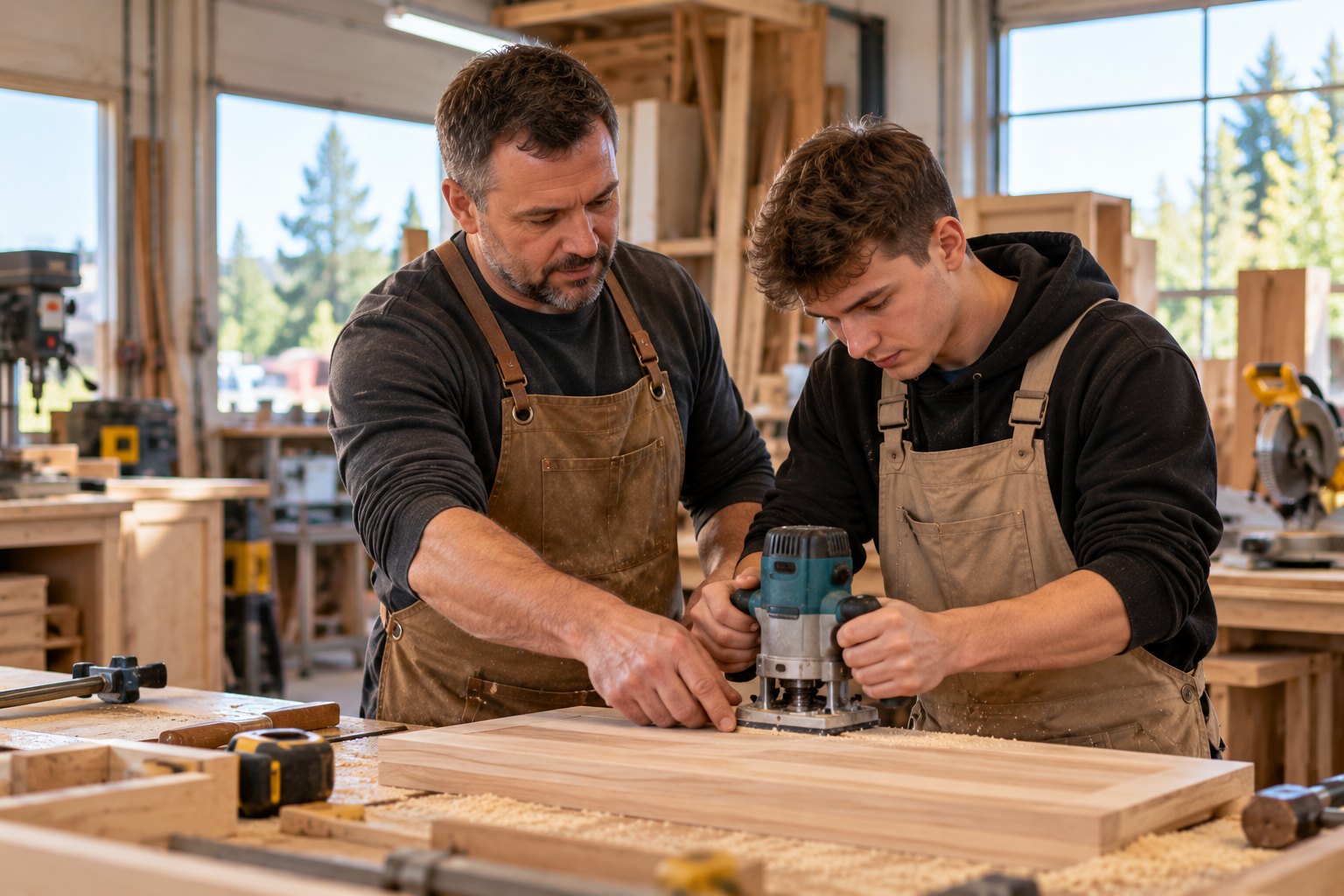 A former employee, now a small-business owner, trains a new hire in his workshop.