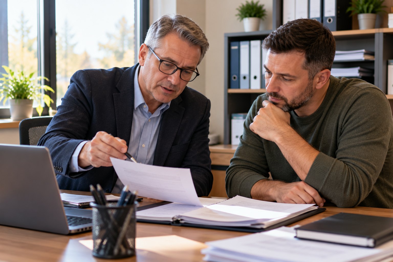 A licensed accountant reviews documents with a small-business owner in his office.