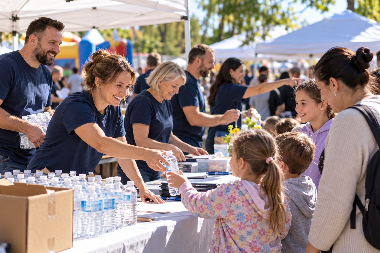 Volunteers in matching shirts help run a community event.