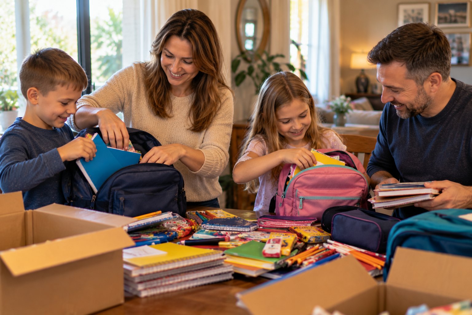 A family packs school supplies they raised money for.