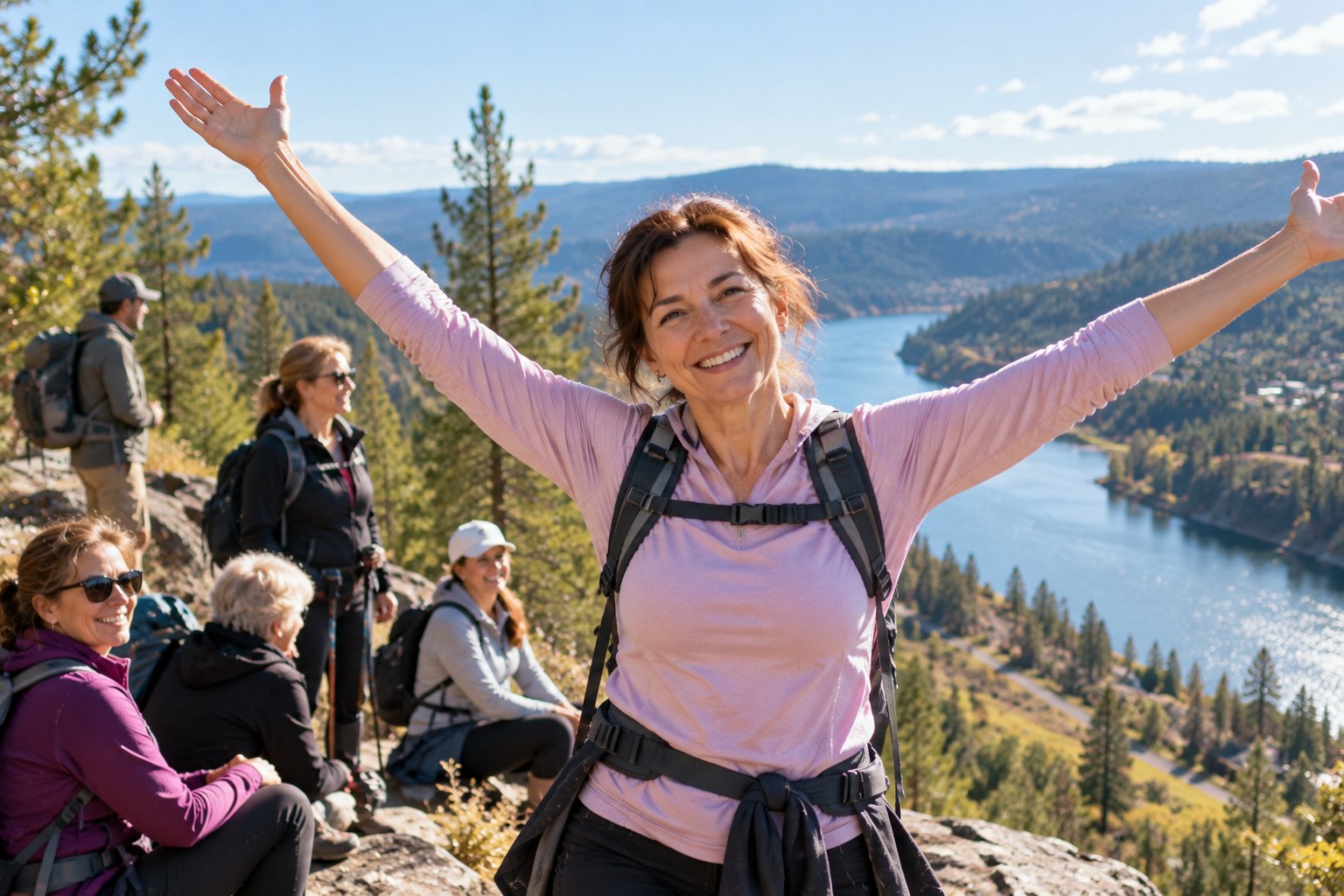 A smiling woman stands at a scenic overlook after a group hike, proud of the climb.