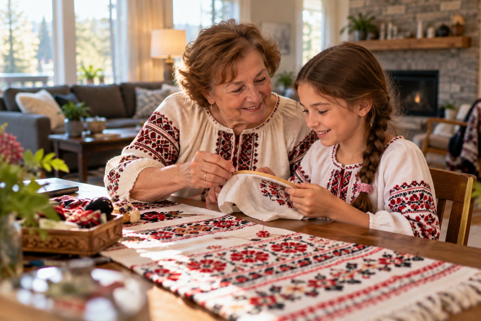 A grandmother teaches her granddaughter traditional embroidery at home in Spokane.