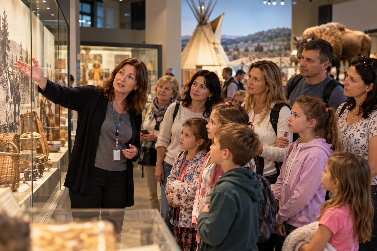 A local guide welcomes a group of newcomer families on a tour of a Spokane museum.