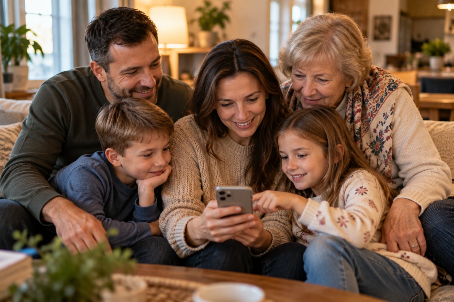 A family reads a community announcement shared in a messaging app on a phone.