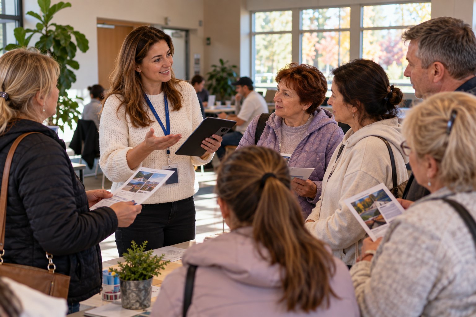 An SSA staff member shares community news with a small group of adults in a bright community center.
