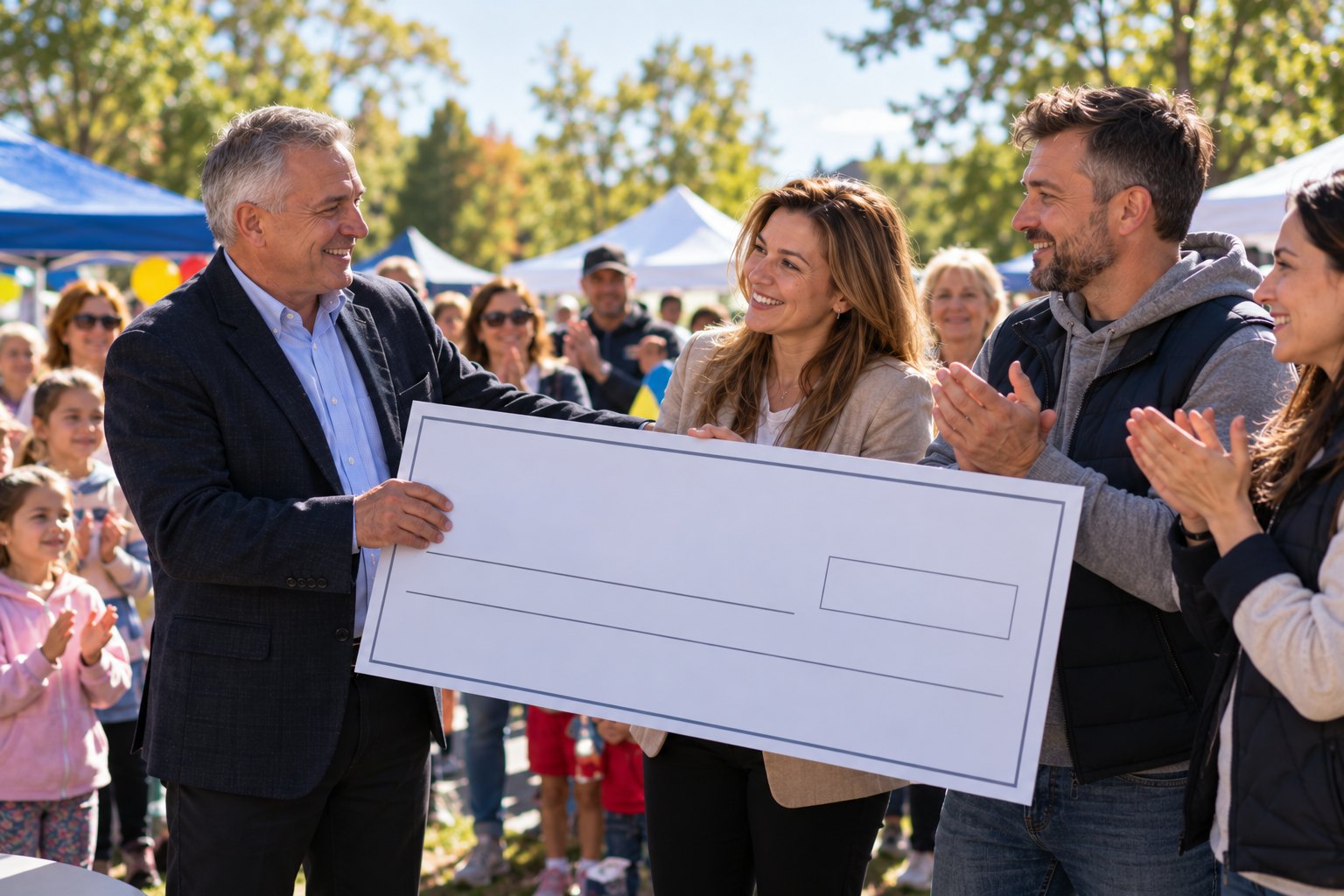 A local business owner hands a sponsorship check to SSA staff at a community event.