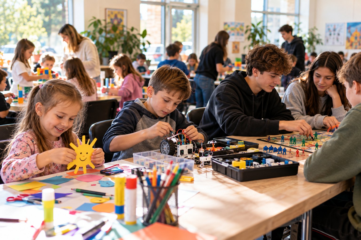 Children of different ages, from young kids to teens, take part in activities together.