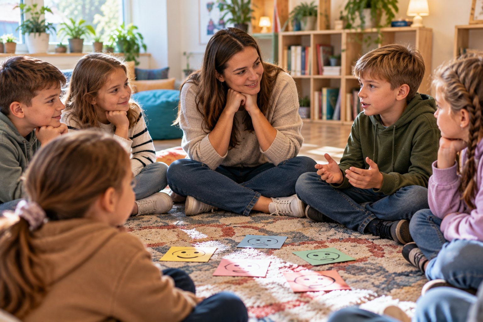Children sit in a circle sharing feelings with a friendly group leader.
