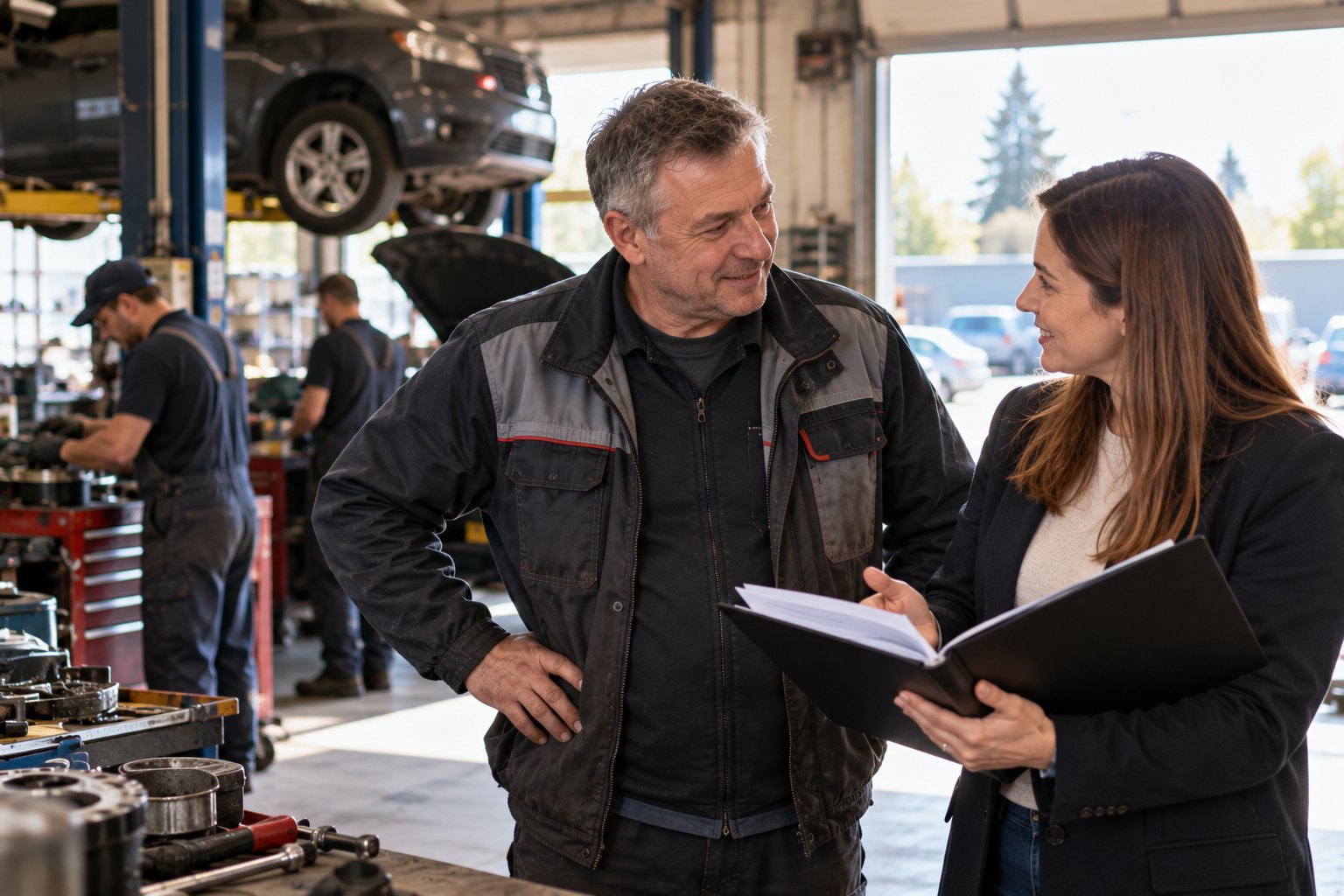 An auto repair shop owner reviews candidate resumes with a nonprofit staff member while mechanics work in the background.