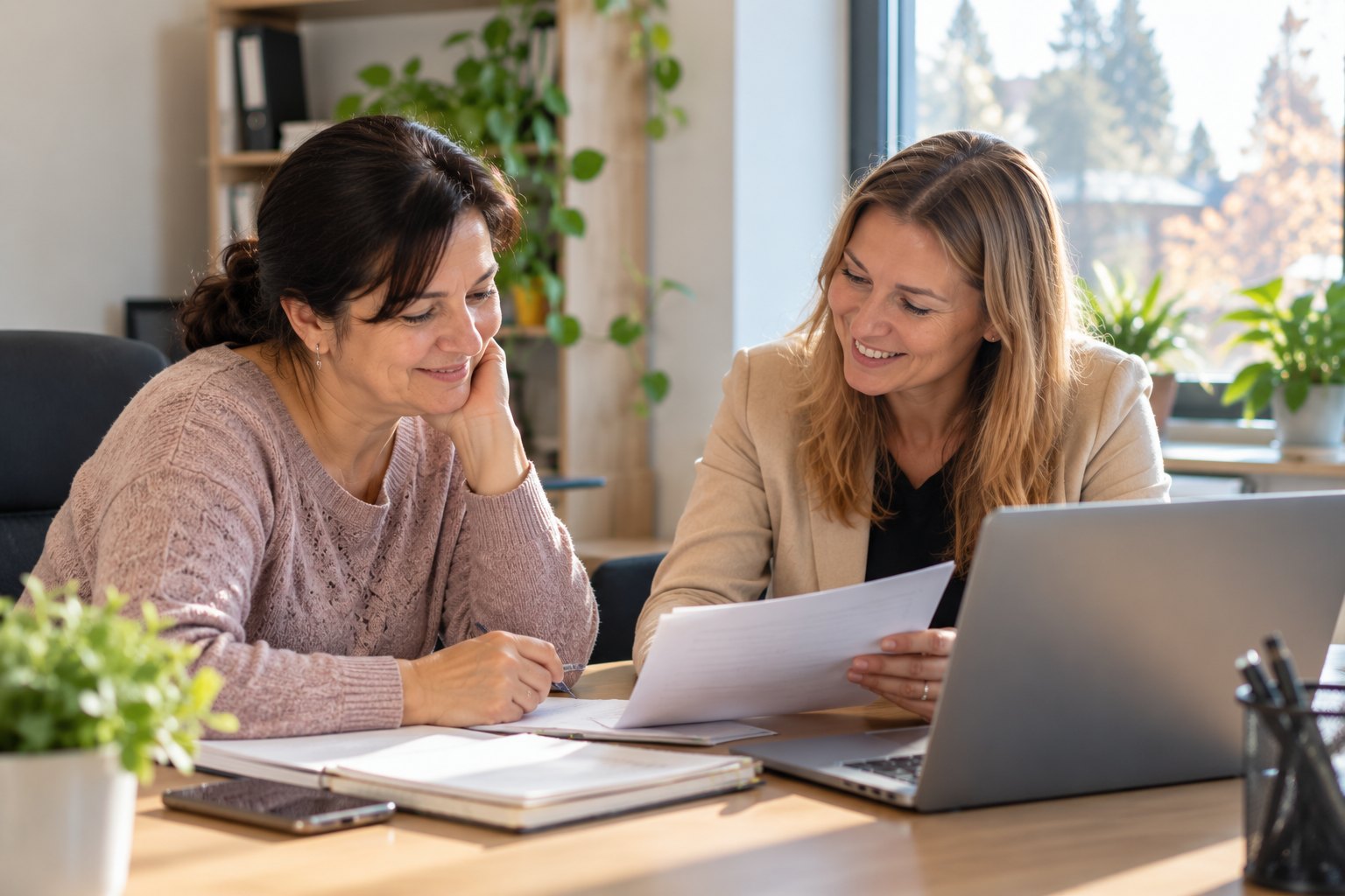 A career counselor and a participant review a plan together at a desk.