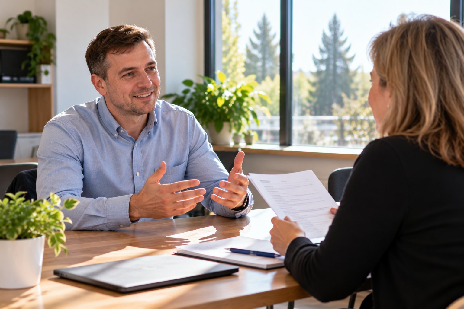A man practices answering job interview questions in English with a volunteer interviewer.
