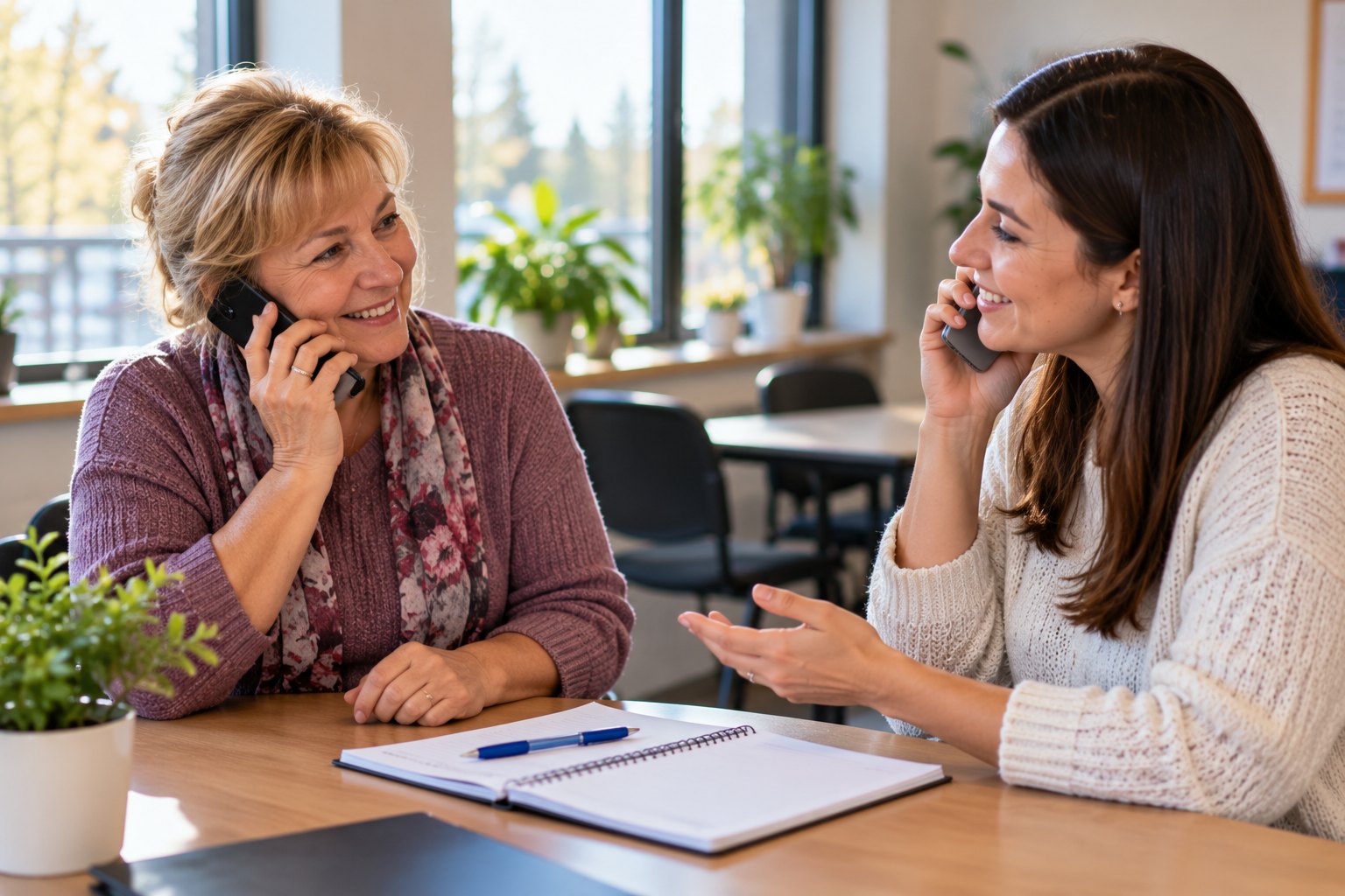 A woman practices an English phone call to schedule an appointment with a friendly volunteer.
