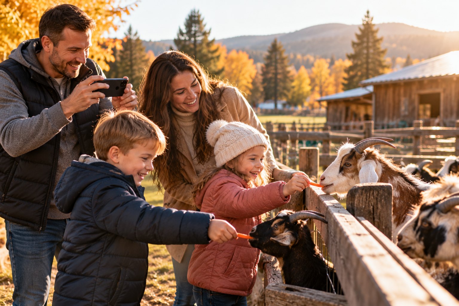 A family explores a local farm together, children feeding goats.