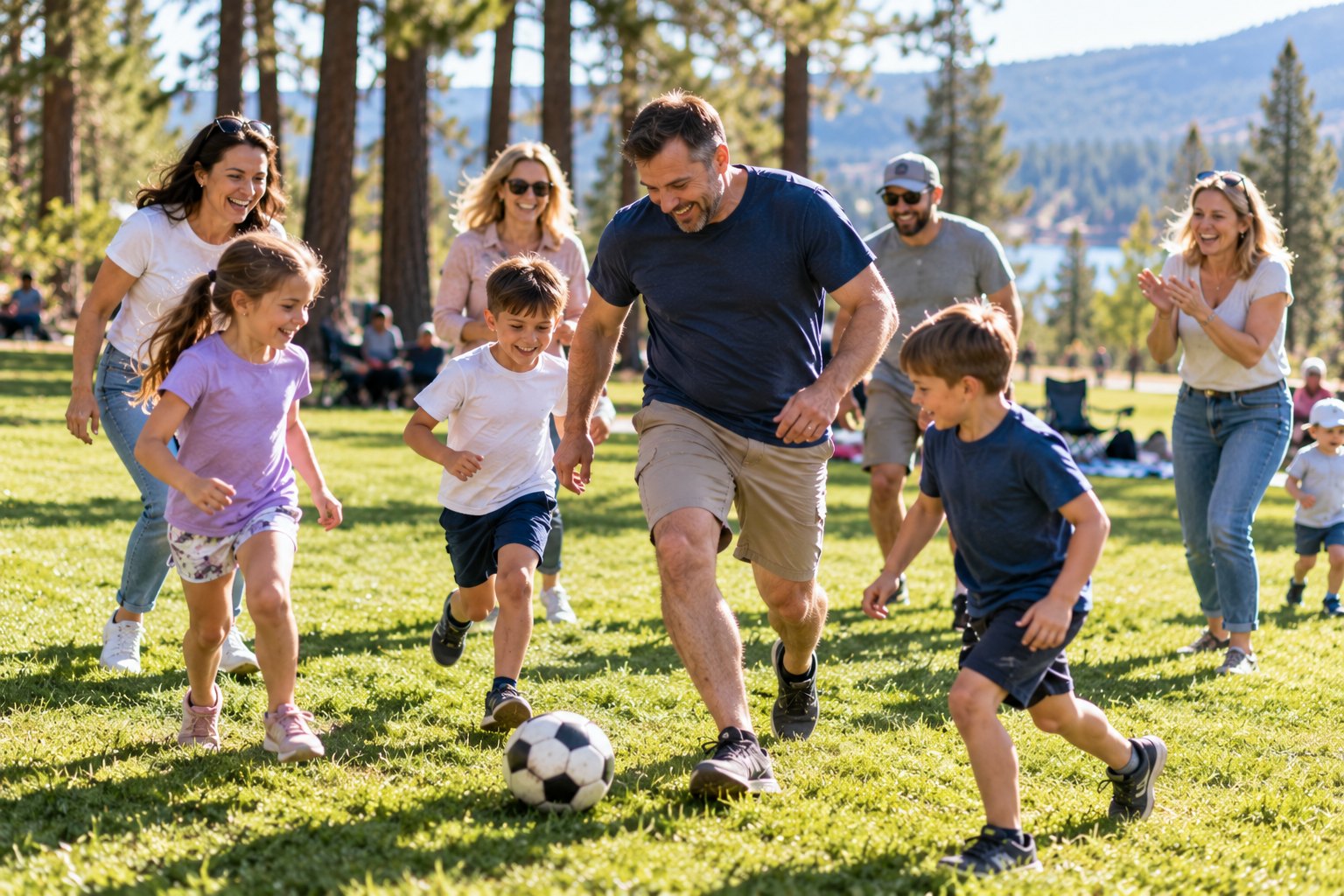 Parents and children play a game of soccer together in a park on a sunny afternoon.