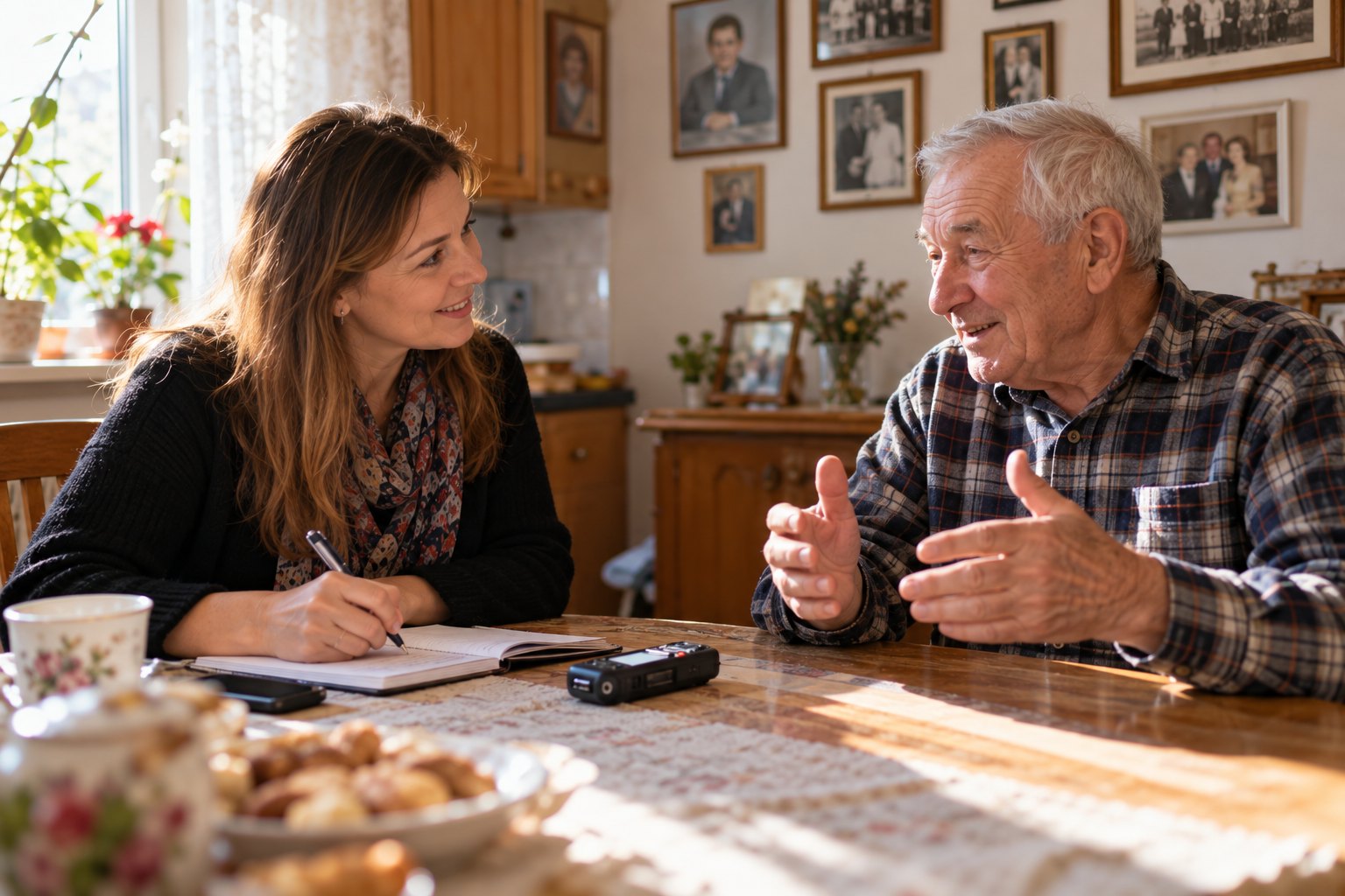 A writer interviews a grandfather at his kitchen table, notebook and recorder between them.
