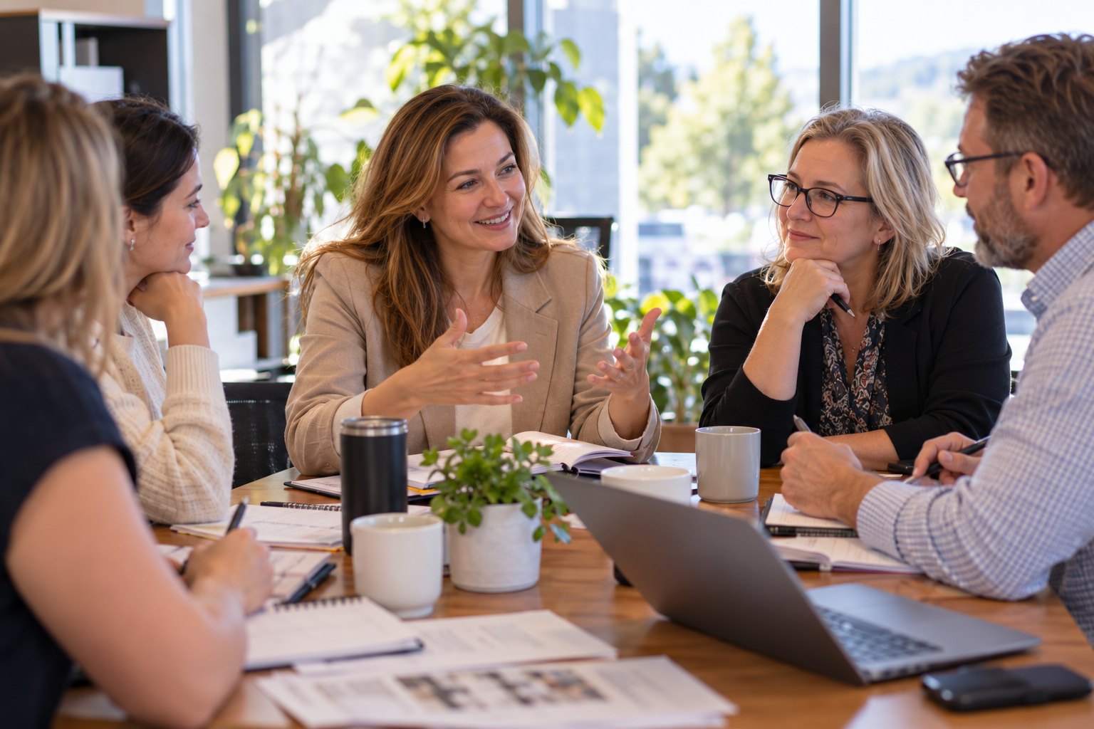 Leaders from two organizations discuss a joint program around a table.