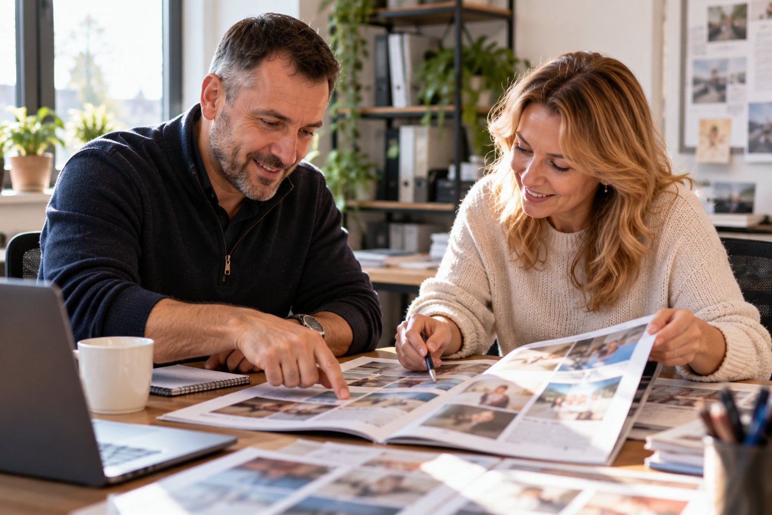 A local business owner reviews a magazine ad layout with an editor.
