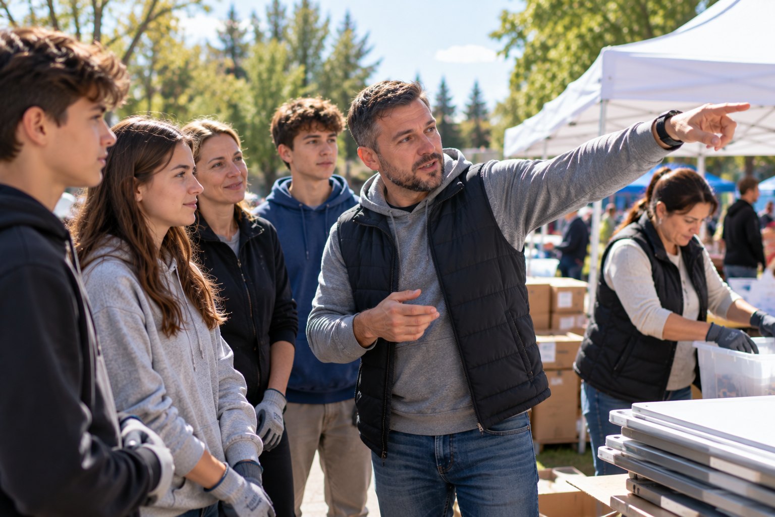 An experienced volunteer guides a group of new volunteers at a community event.