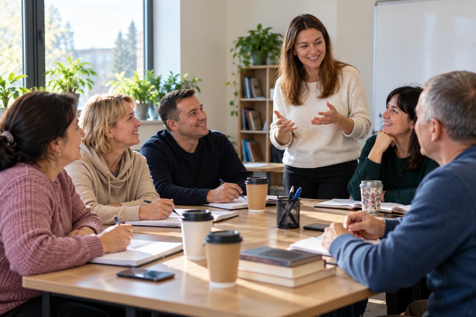 Adults practice English conversation around a table with a smiling volunteer facilitator.
