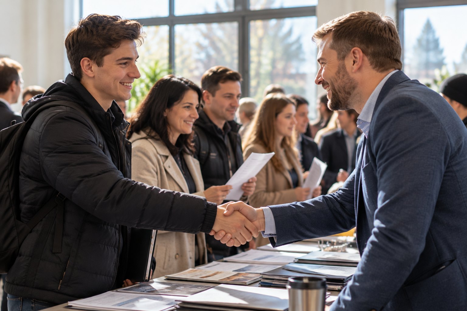 A local employer shakes hands with a young job seeker at a community hiring event.