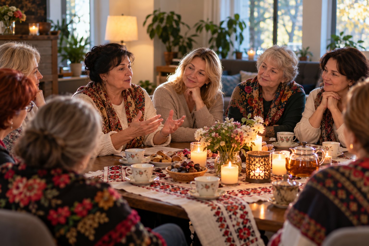 Women of different generations share stories and tea around a table at a Circle of Wisdom gathering.