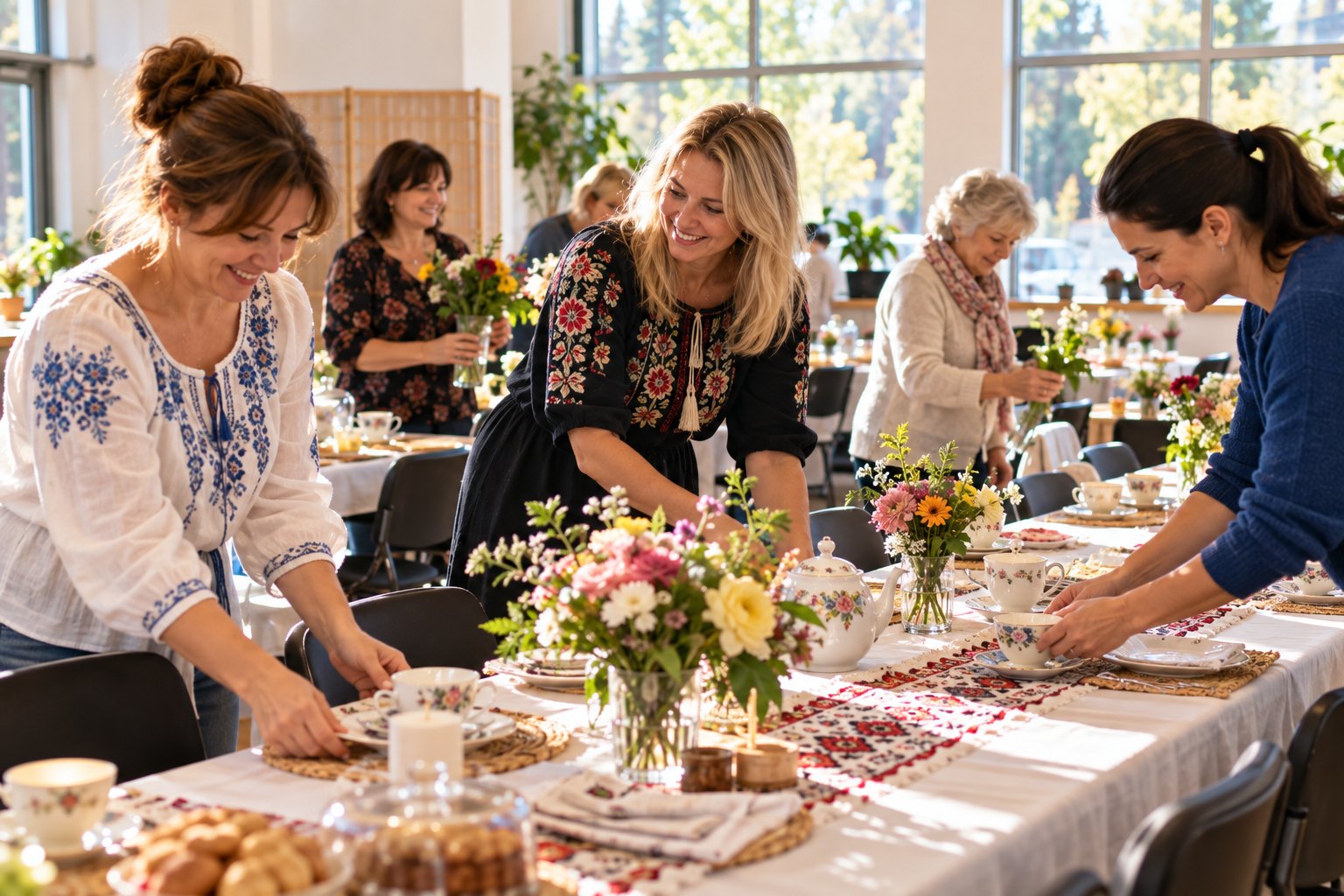 Women volunteers prepare tables and flowers for an upcoming community gathering.