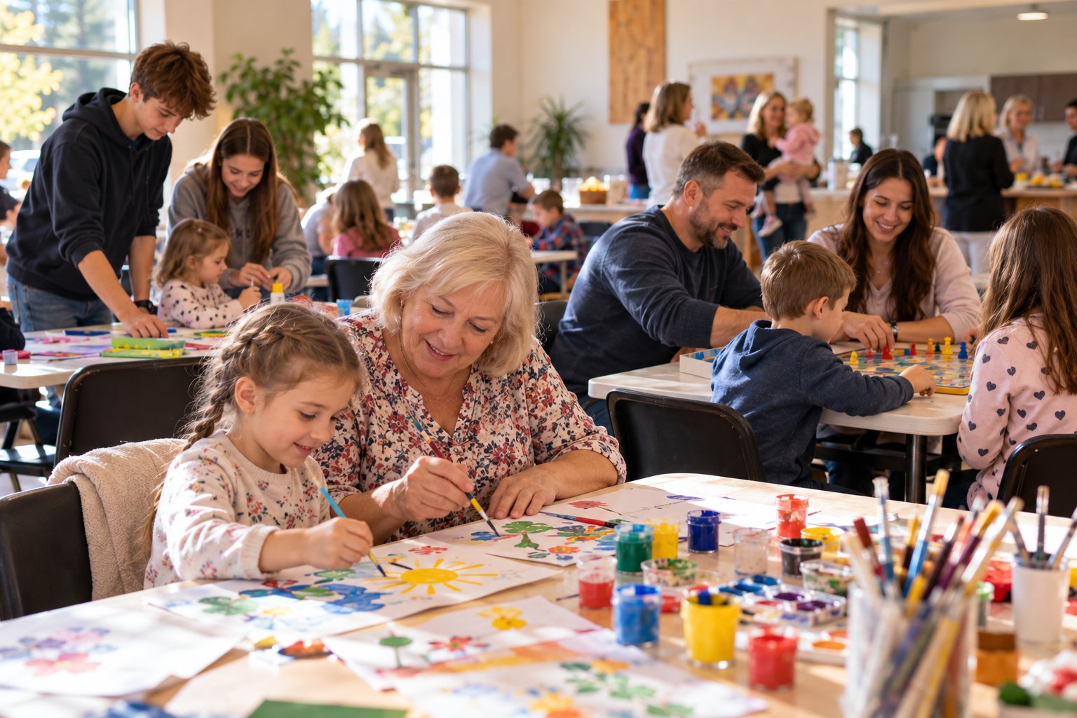 Parents, grandparents and children take part together in a community program activity.