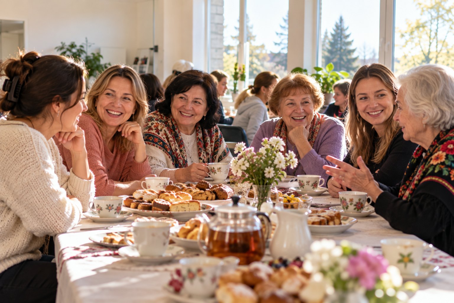 Women of different ages talk and laugh together over tea at a community gathering.